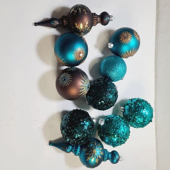 Vintage Other - Bundle lot of Blue Gold Brown Glitter Christmas Ornaments